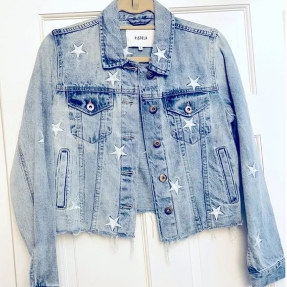 NWOT Pistola Women’s Jean Jacket with White Stars Size Small - Picture 1 of 4
